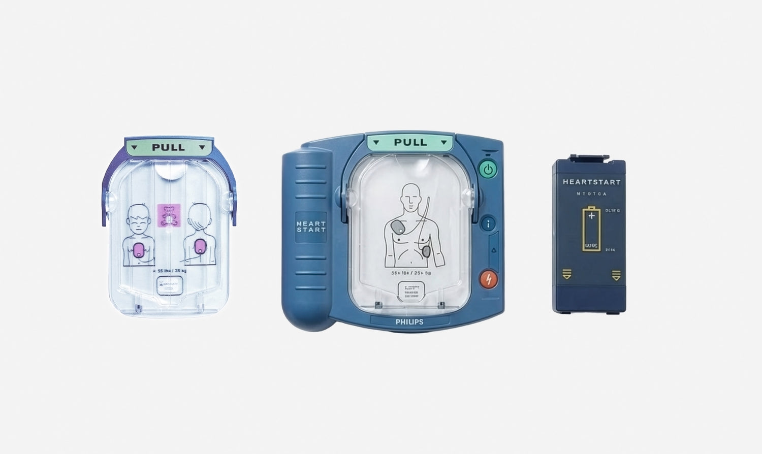 Three components of a Philips HeartStart defibrillator with pull tabs and instructional diagrams on a white background