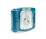 Philips HeartStart HS1 defibrillator with clear voice prompts and easy-to-follow electrode placement for emergency first aid use.
