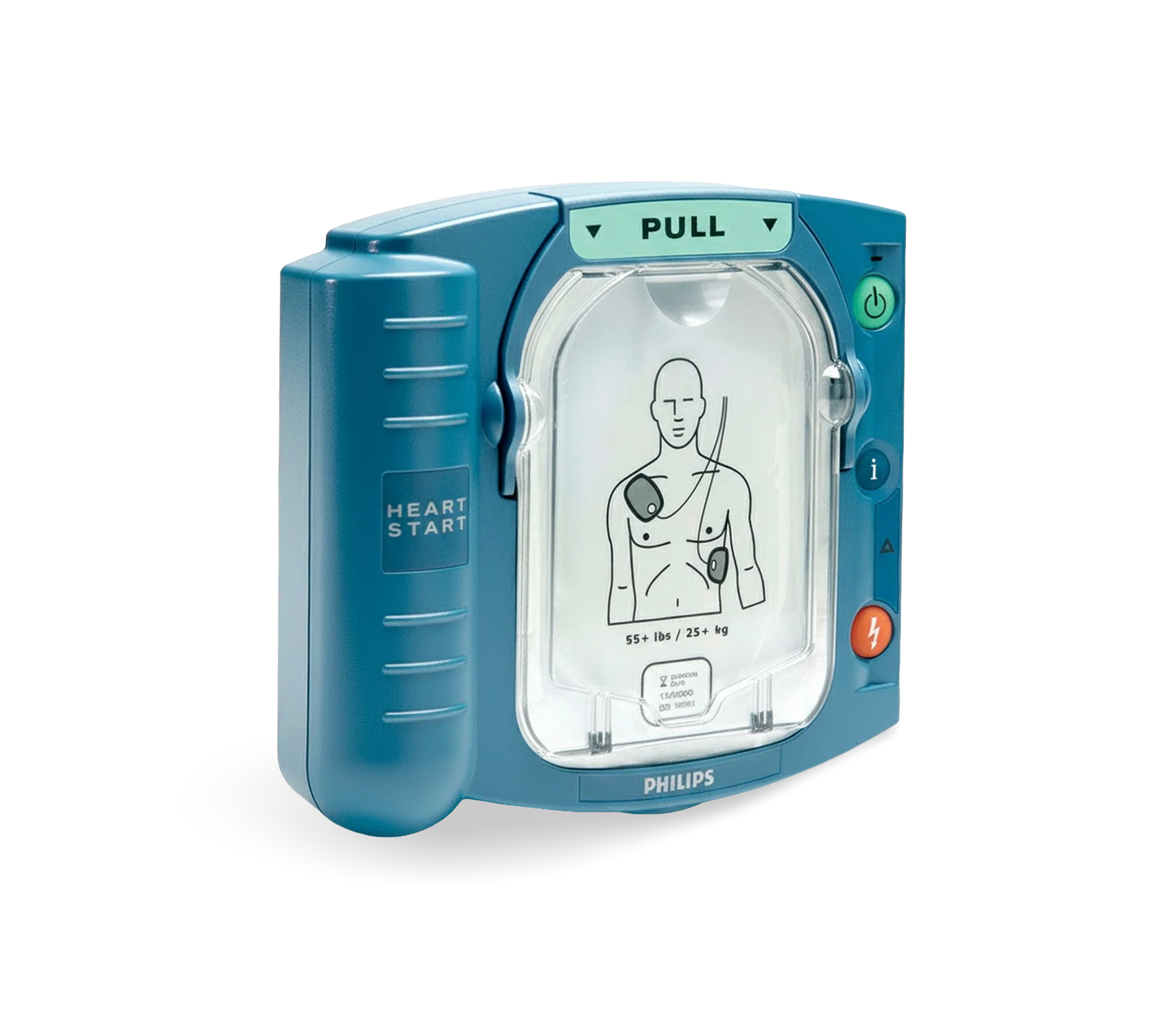 Philips HeartStart HS1 defibrillator with clear voice prompts and easy-to-follow electrode placement for emergency first aid use.