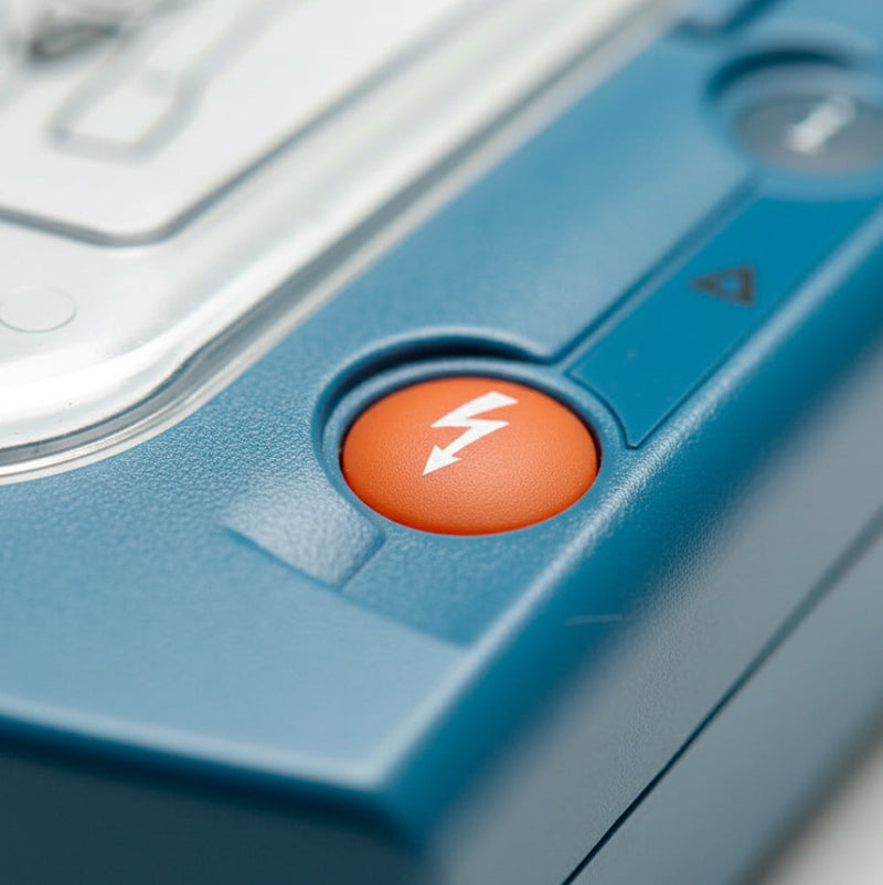 Close-up of a blue device featuring an orange button with a white lightning bolt symbol on it