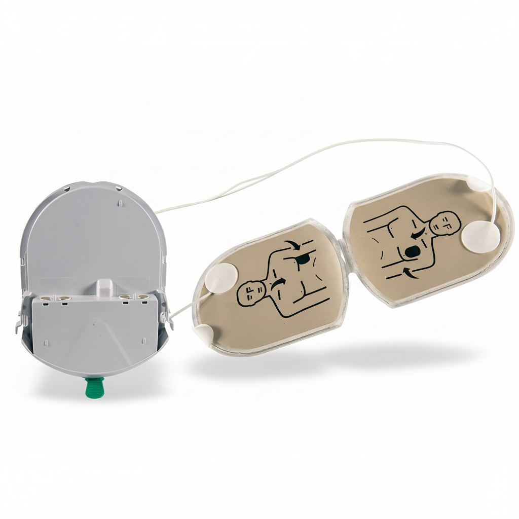 HeartSine Pad and Battery Pack showing electrode pads and battery cartridge for defibrillators in first aid supplies