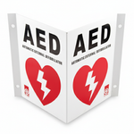 AED Defibrillator External (Metal) Sign - 90 Degree with red heart and lightning bolt for clear AED location visibility