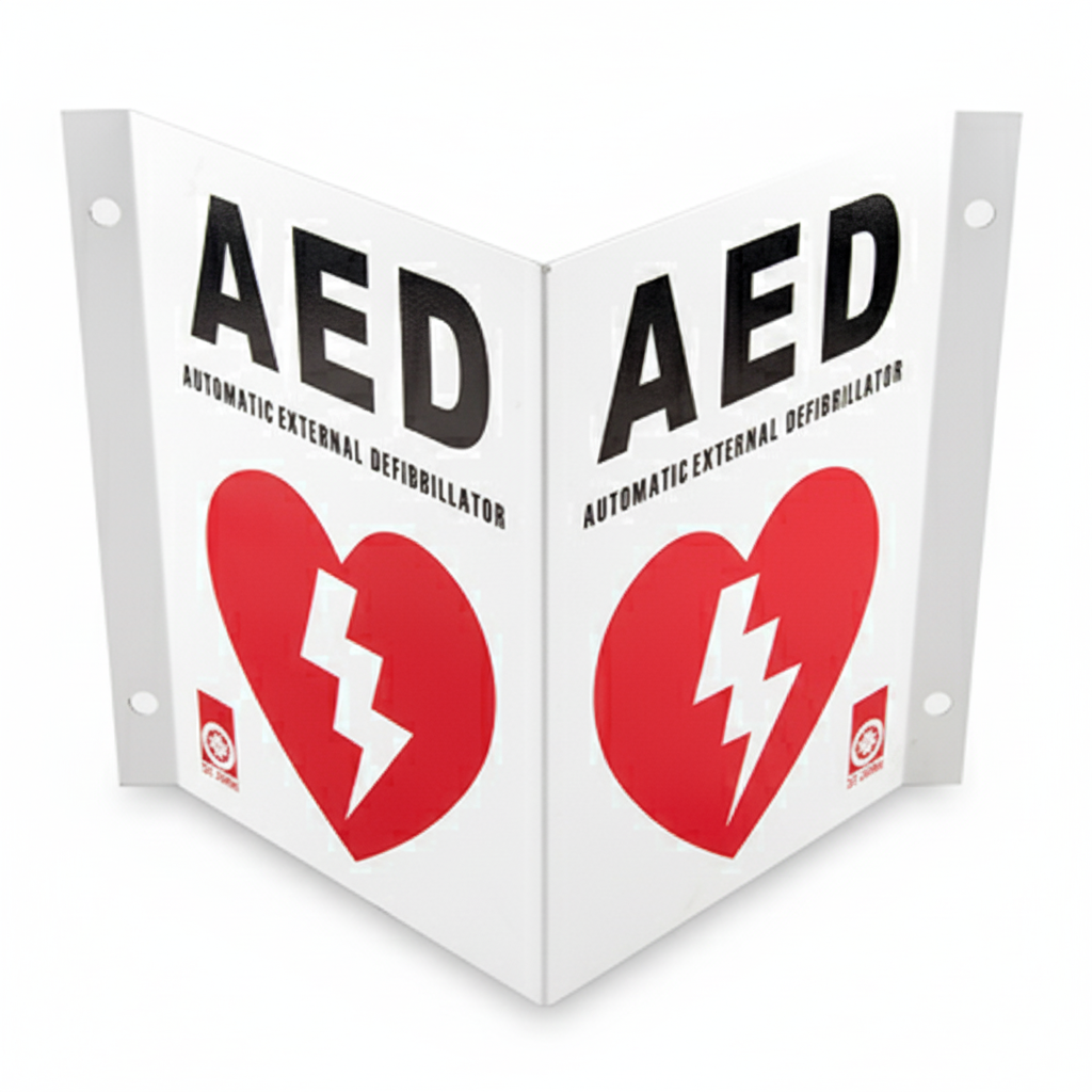 AED Defibrillator External (Metal) Sign - 90 Degree with red heart and lightning bolt for clear AED location visibility