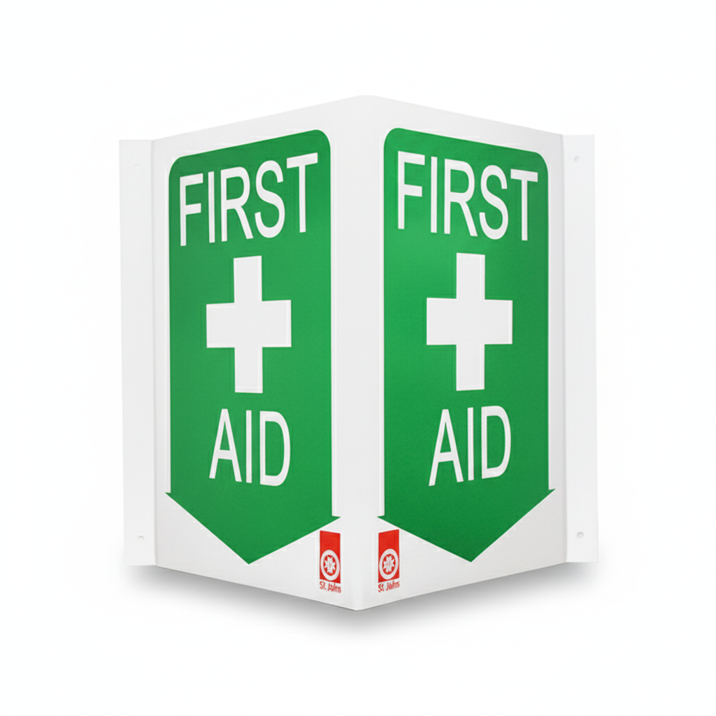 First Aid Kit Location sign with 90-degree design for clear visibility of first aid kits and supplies from multiple angles