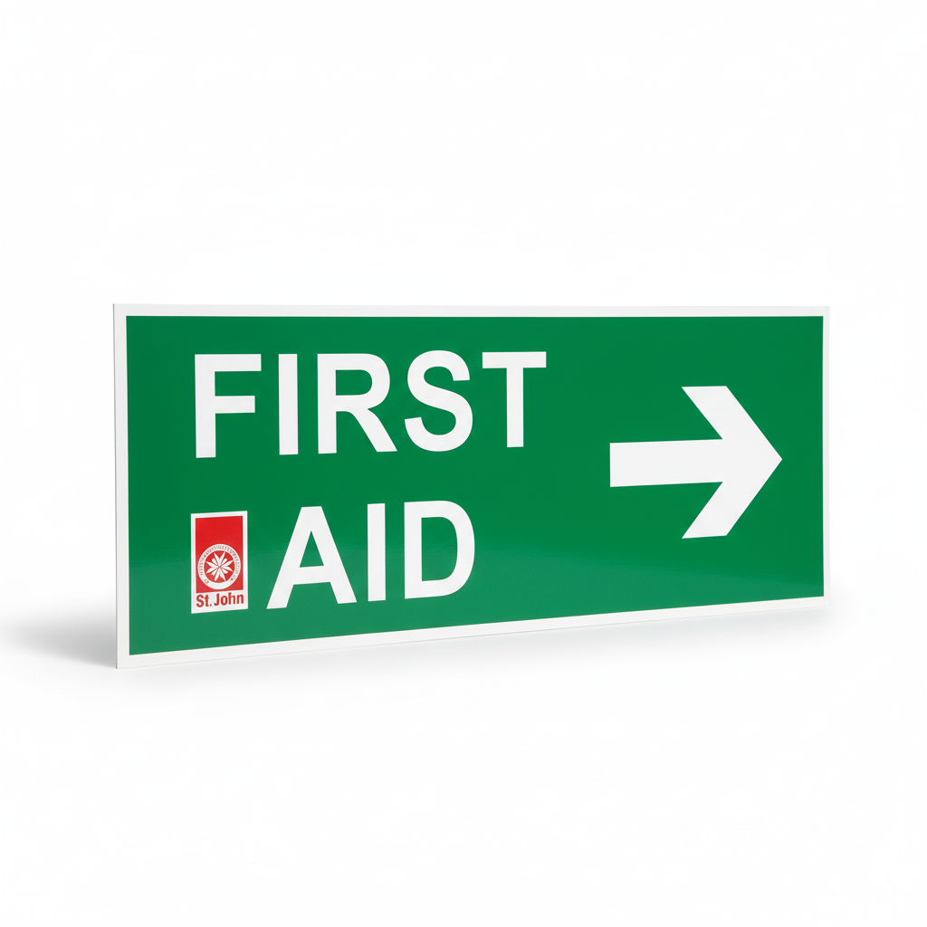 First Aid Directional Sign with clear arrow and St John logo guiding to first aid kits and supplies for quick medical help