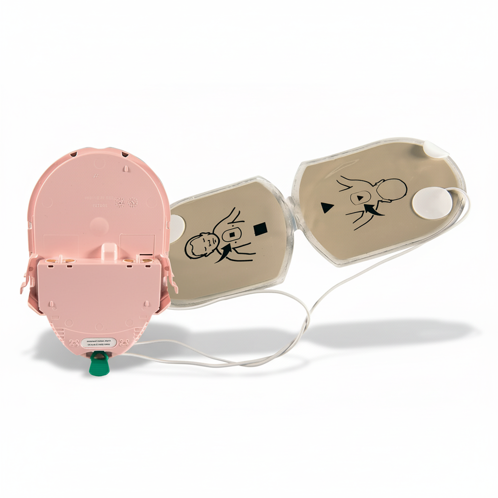 HeartSine Pad and Battery Pack showing integrated child electrode pads and single-use cartridge for first aid supplies.