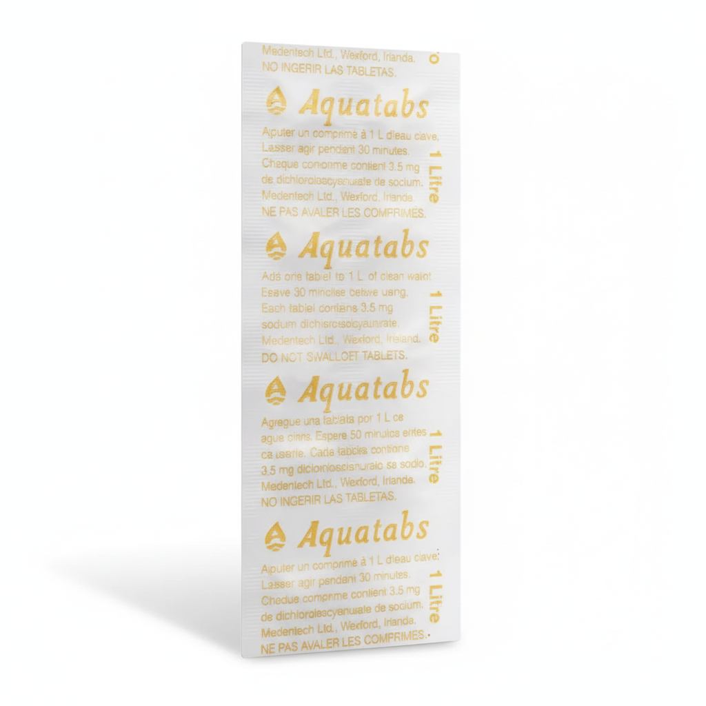 Aquatabs Water Purification Tablets - Pack of 50 blister pack for safe drinking water during travel and outdoor activities