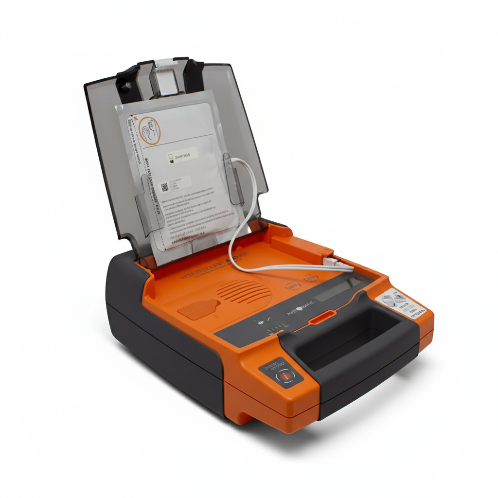 G3 Defib (Lithium) Battery - Single shown with an open St John WA G3 defibrillator device in orange and black colors
