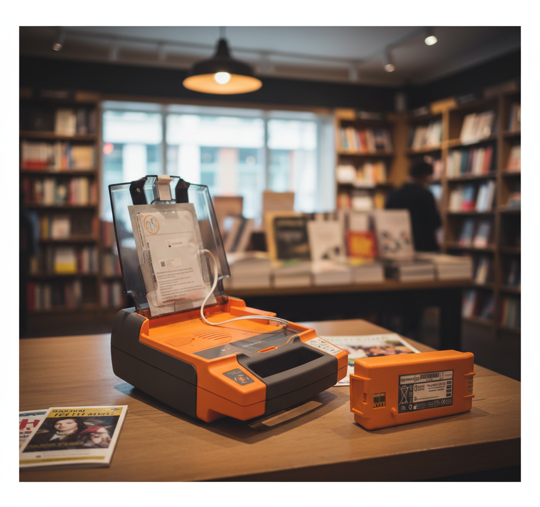 G3 Defib (Lithium) Battery - Single displayed next to an orange defibrillator on a wooden table in a bright room