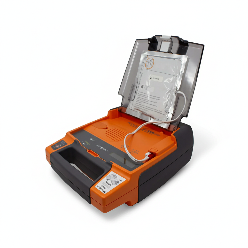 G3 Defib Pads (Cardiac Science) - Single Pair shown attached to an orange defibrillator for first aid emergency use