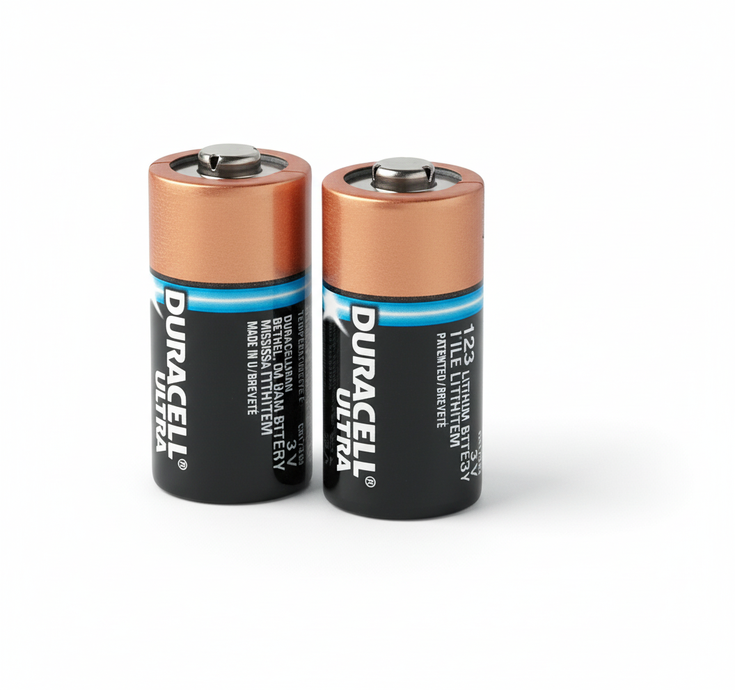 Lithium 123A Batteries (ZOLL AED Plus) - Pack of 10 showing two Duracell Ultra lithium batteries for defibrillators