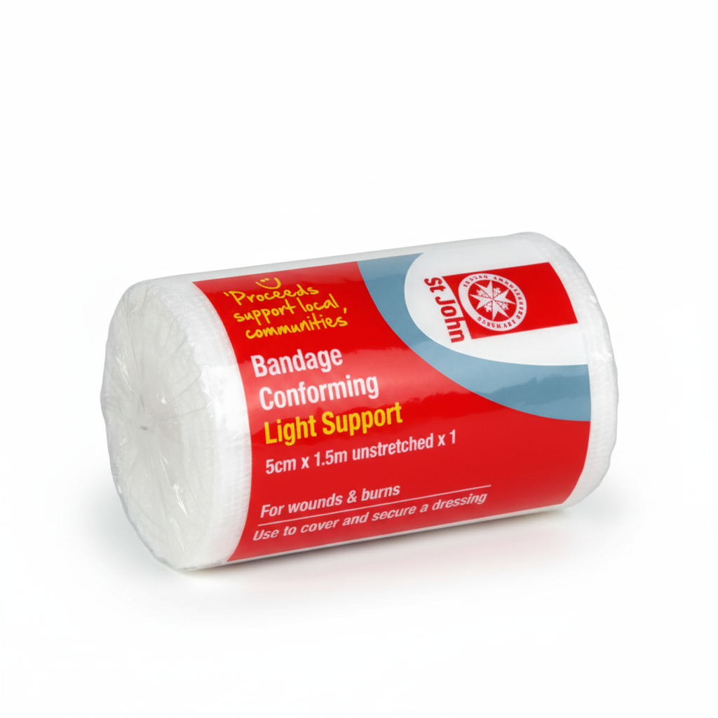 Conforming Bandage roll made from soft white cotton providing light compression and flexibility for first aid supplies.