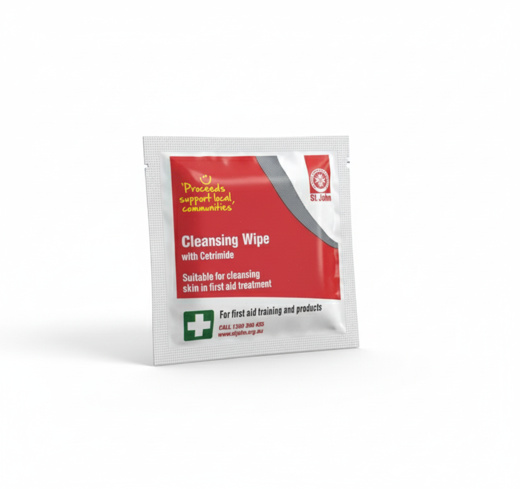 Antiseptic Cleansing Wipe in single-use packet for hygienic skin cleansing in first aid and wound care by St John WA