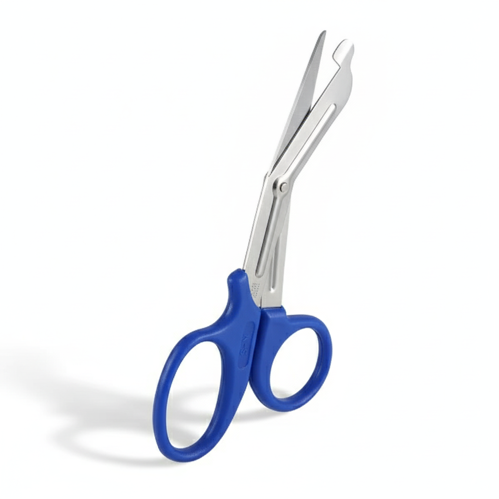 Trauma Shears with blue handles and stainless steel blades for emergency clothing removal in first aid supplies.