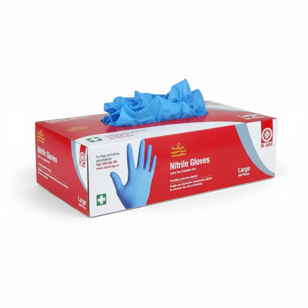 Nitrile Gloves box with blue gloves visible, designed for first aid supplies and latex-free protection.