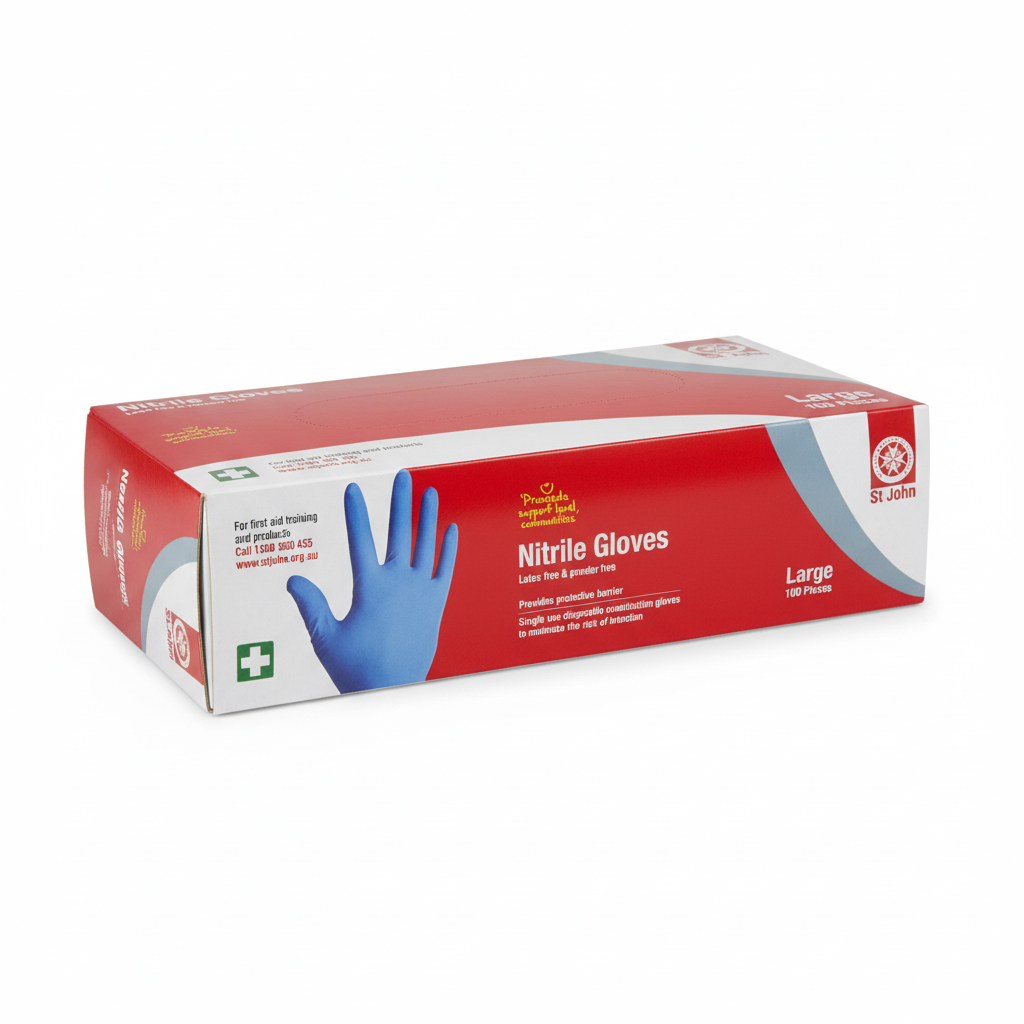 Nitrile Gloves box with blue powder-free, latex-free gloves for first aid and barrier protection by St John WA