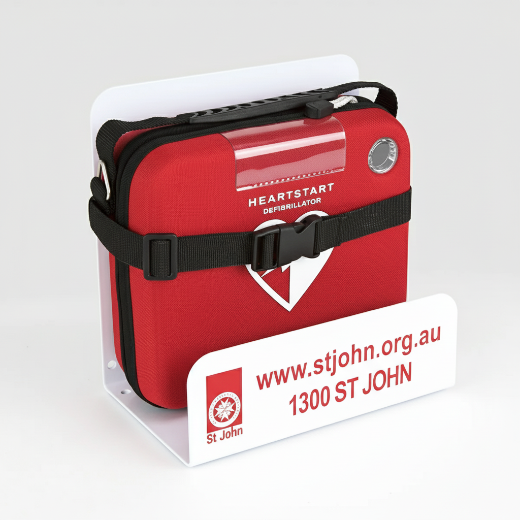 Defibrillator White Metal Wall Bracket holding a red Heartstart defibrillator with St John Ambulance branding and contact info.