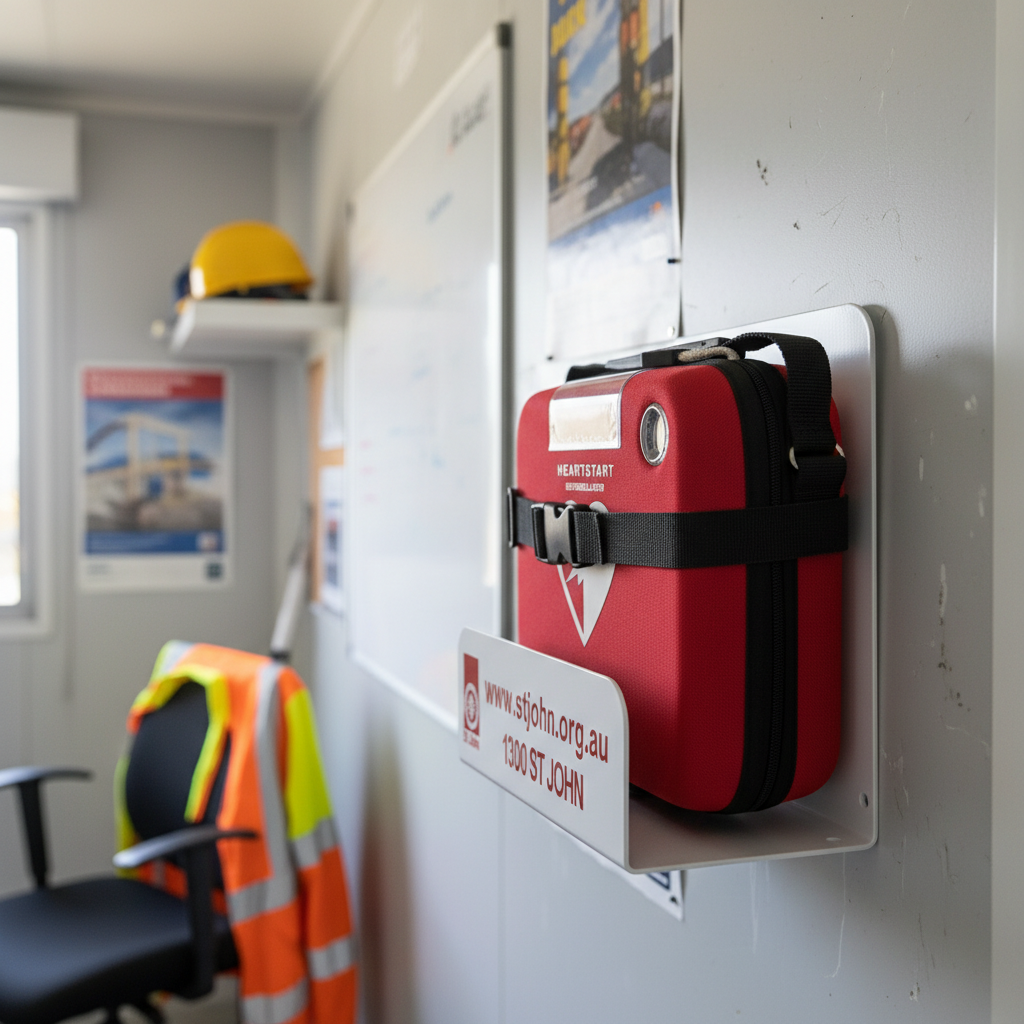 Defibrillator White Metal Wall Bracket securely holding red AED case in office space with safety gear visible in background