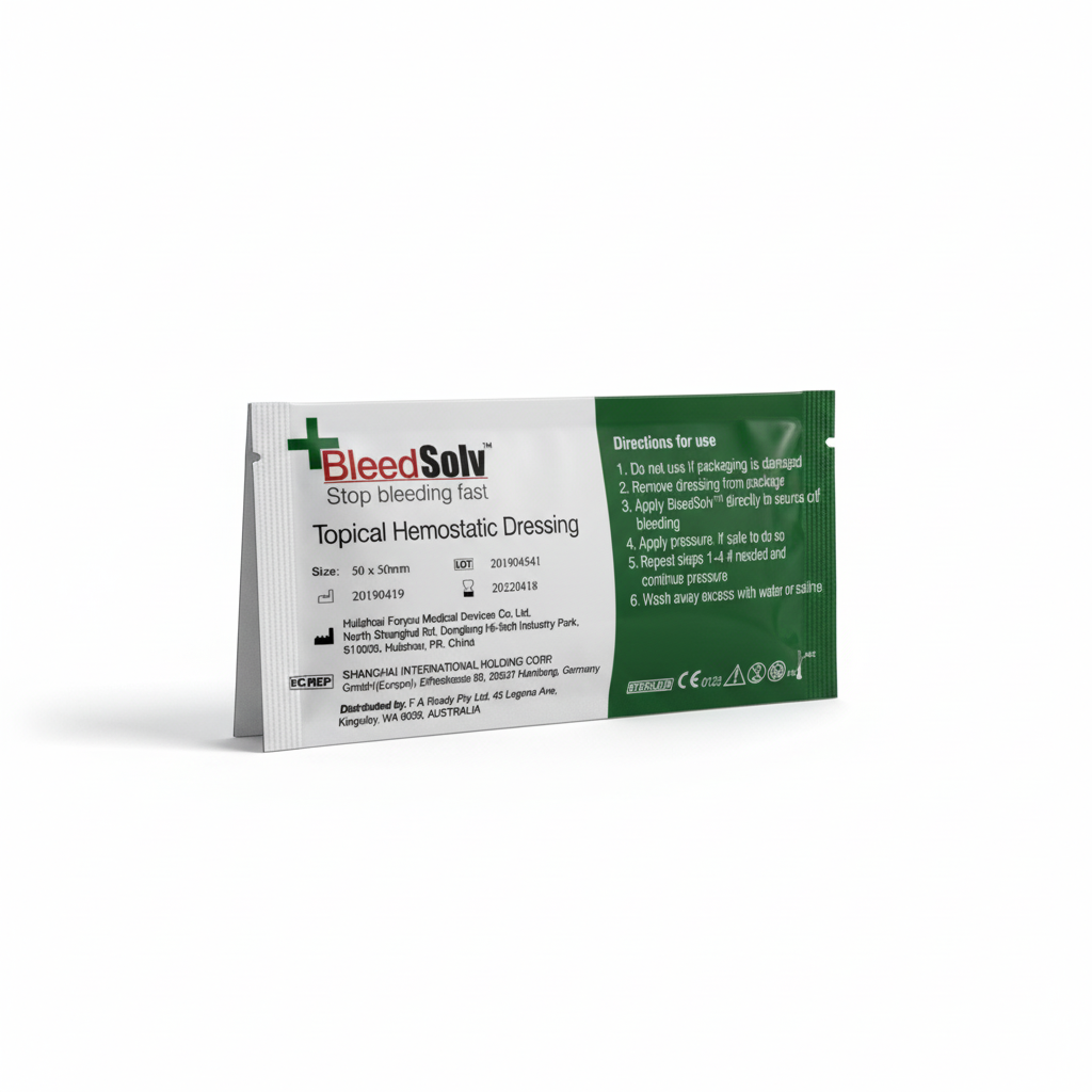 BleedSolv Haemostatic Dressing in sealed packet for fast bleeding control in first aid and workplace emergencies
