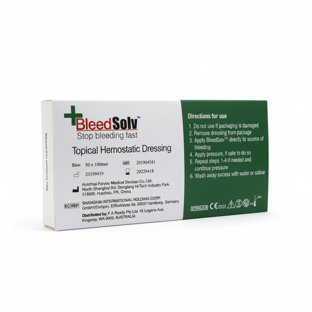 BleedSolv Haemostatic Dressing box showing product use directions for fast bleeding control in first aid supplies.