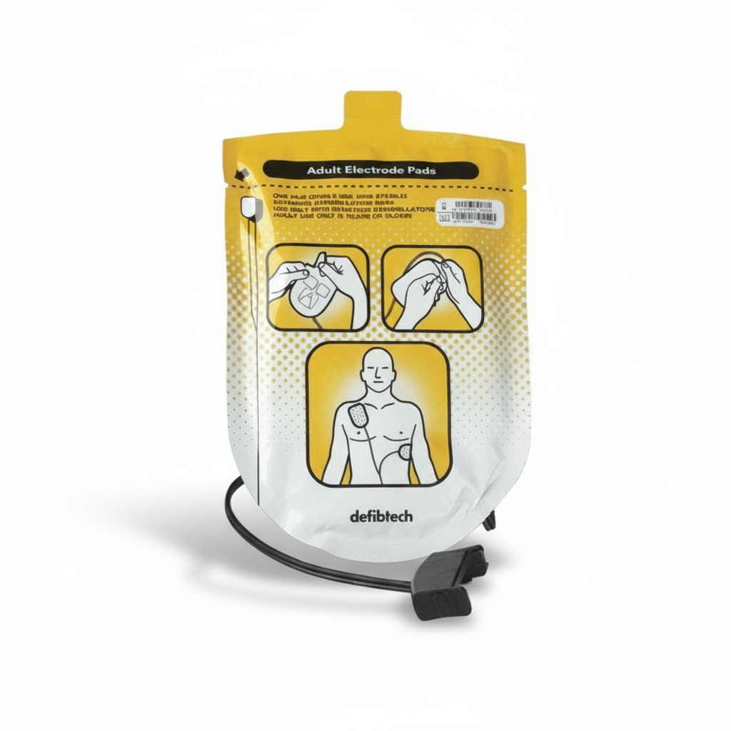 Defibtech Lifeline Defib (Adult) Pads - Single Pair in packaging showing electrode placement for adult defibrillators.