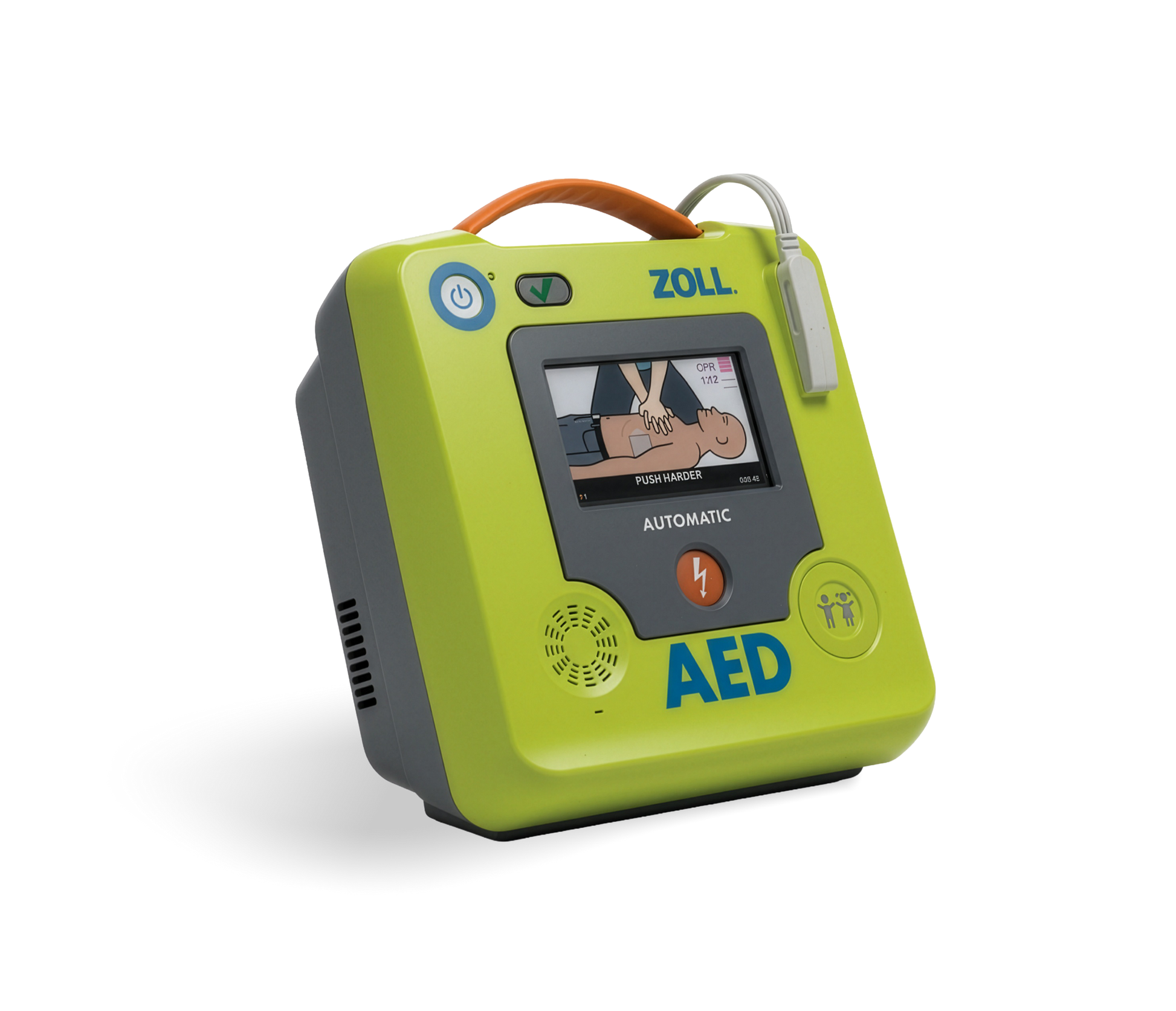 ZOLL AED 3 defibrillator with full-colour display, voice prompts, and real-time compression depth gauge for first aid supplies.