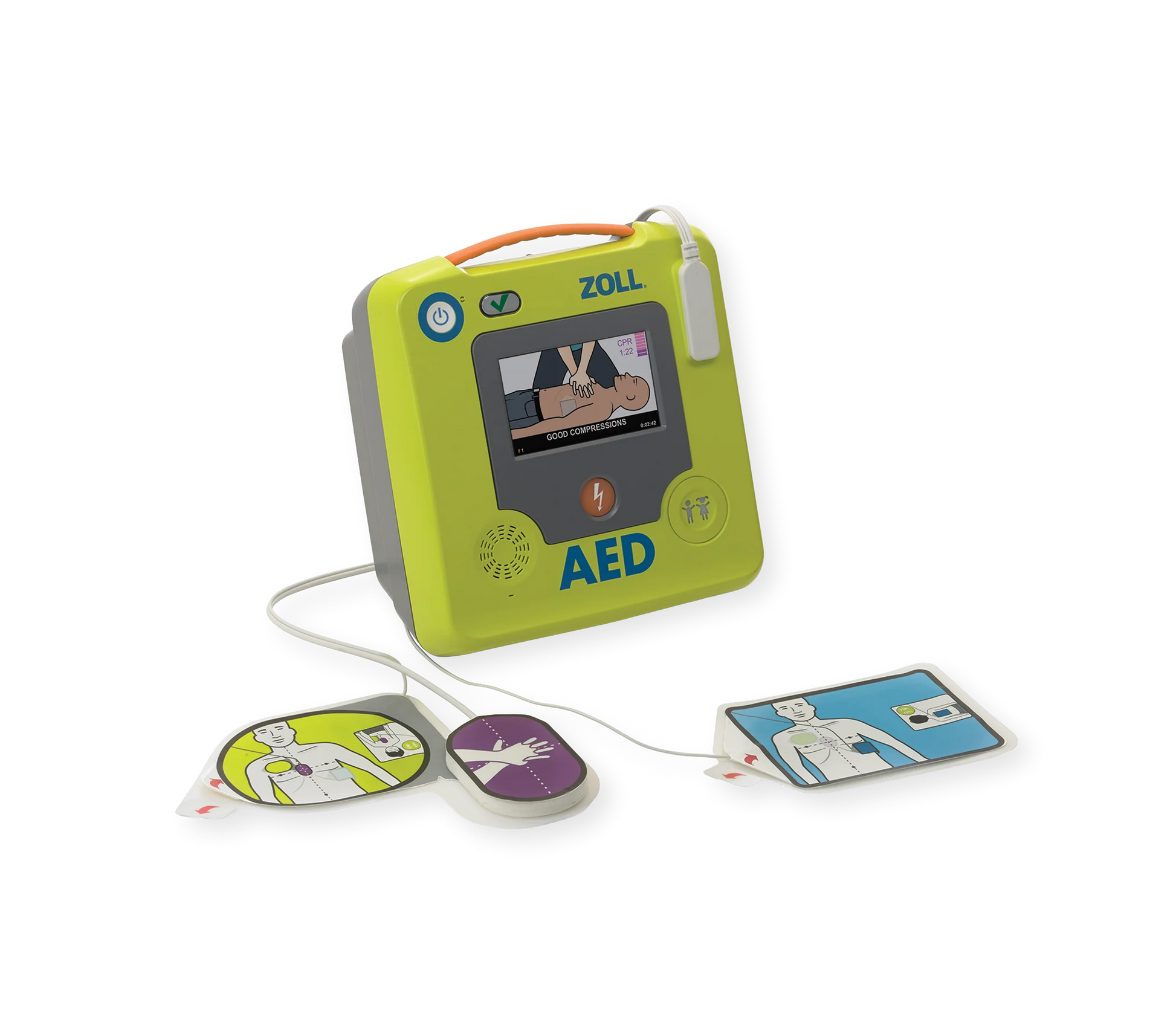 ZOLL AED 3 defibrillator with full-color display and electrode pads showing CPR instructions for first aid supplies.
