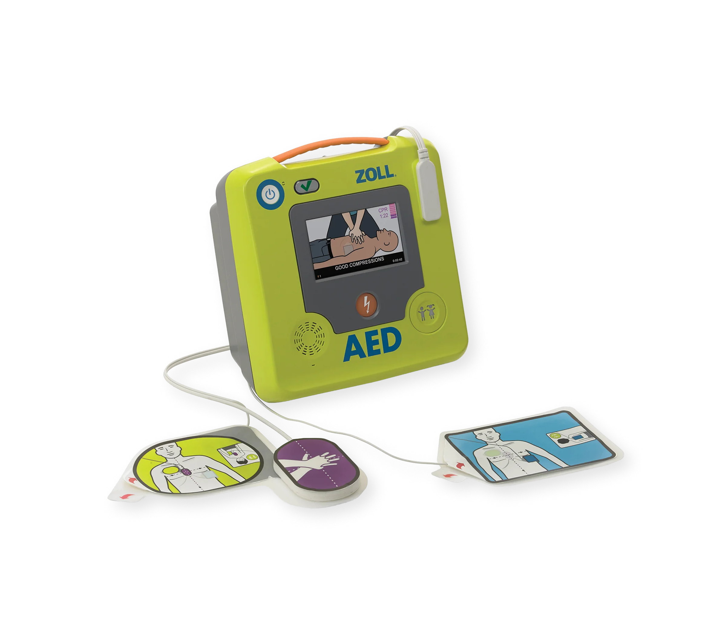 ZOLL AED 3 defibrillator with full-color display and electrode pads showing CPR instructions for first aid supplies.