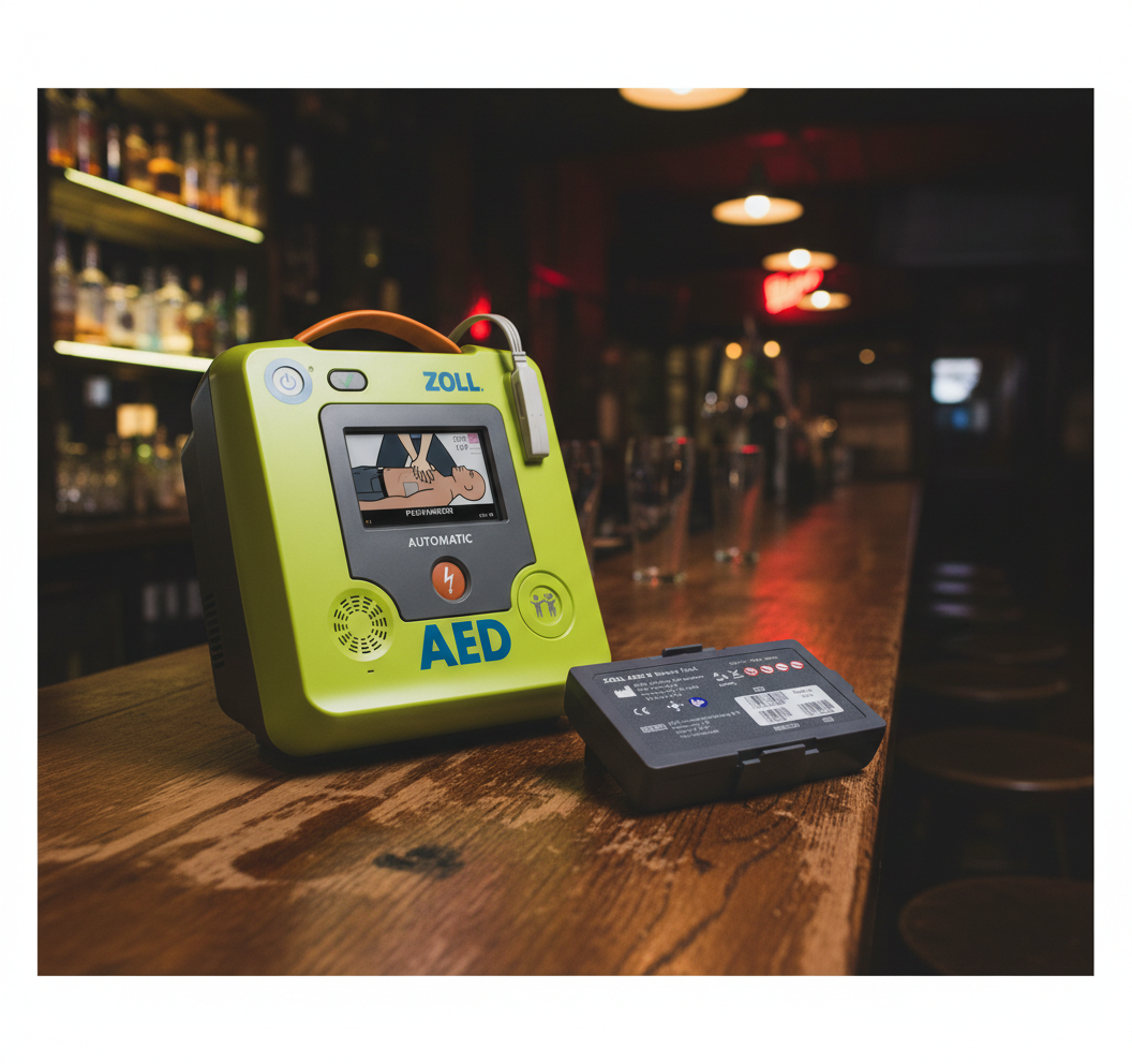 ZOLL AED 3 Battery Pack - Single next to a defibrillator on a wooden bar counter in a dimly lit setting