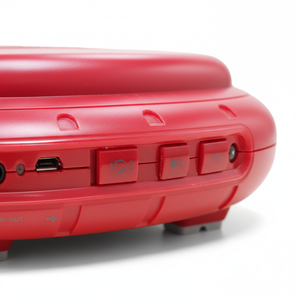 Close-up of red St John AED Trainer with Pads showing side buttons and USB port for training and demonstration purposes