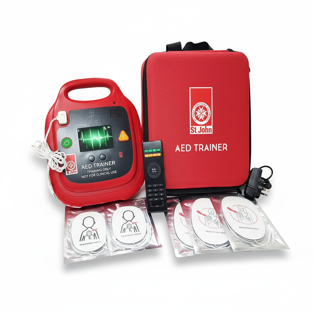 St John AED Trainer with Pads kit including trainer device, training pads, remote control, and carrying case for first aid training