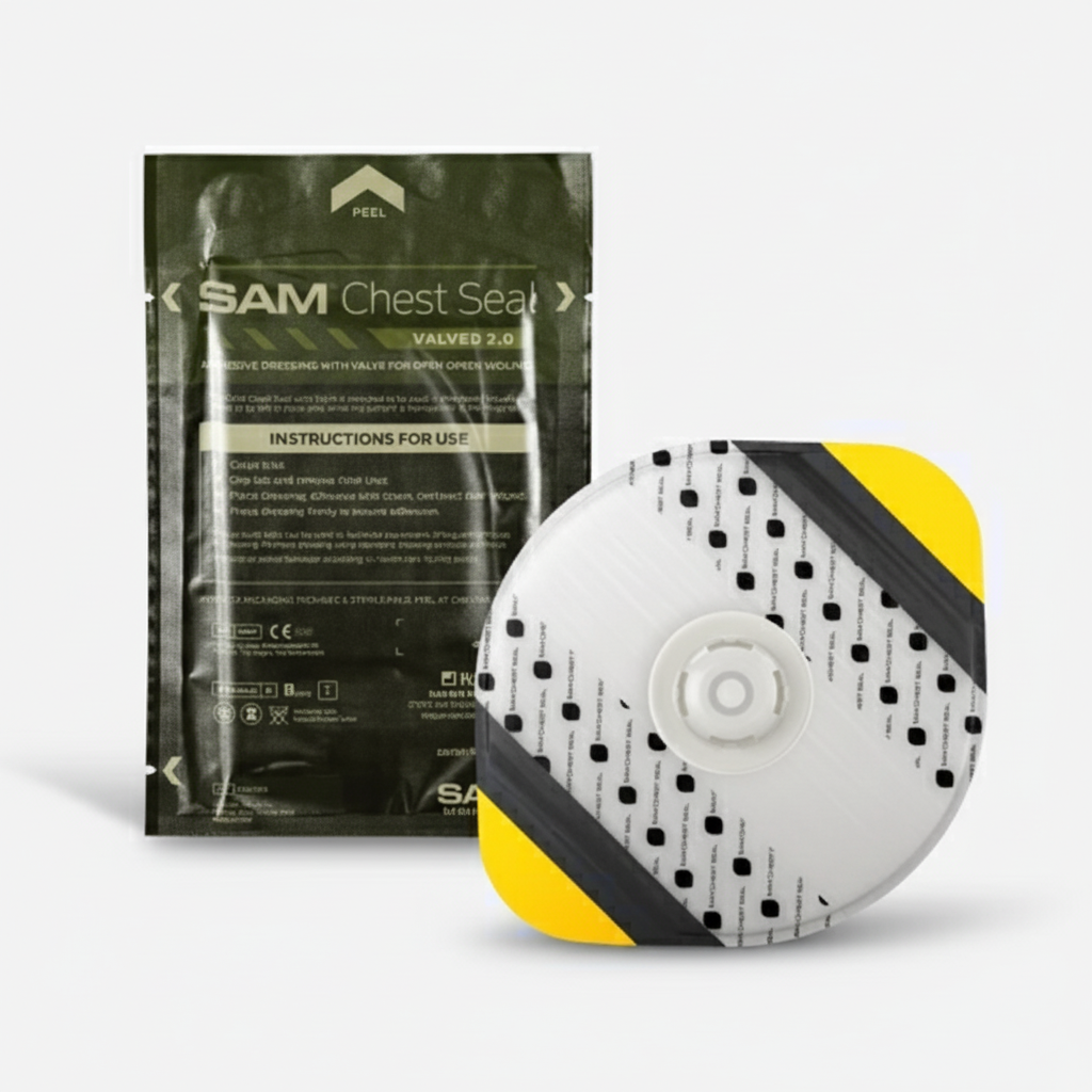 SAM Chest Seal (With Valve) - Single with valve designed for treating open chest wounds, sticks securely in extreme conditions.