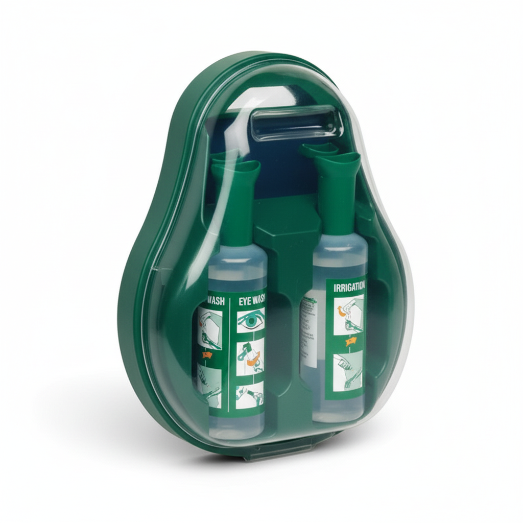 DROP Eyewash Irrigation Station (Includes 2x 500ml Refills) with dual sterile saline bottles and drop-down dust cover