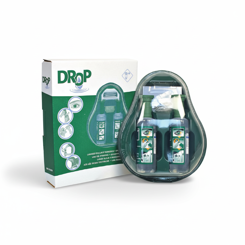 DROP Eyewash Irrigation Station (Includes 2x 500ml Refills) with saline bottles and integrated eye wash components for first aid use