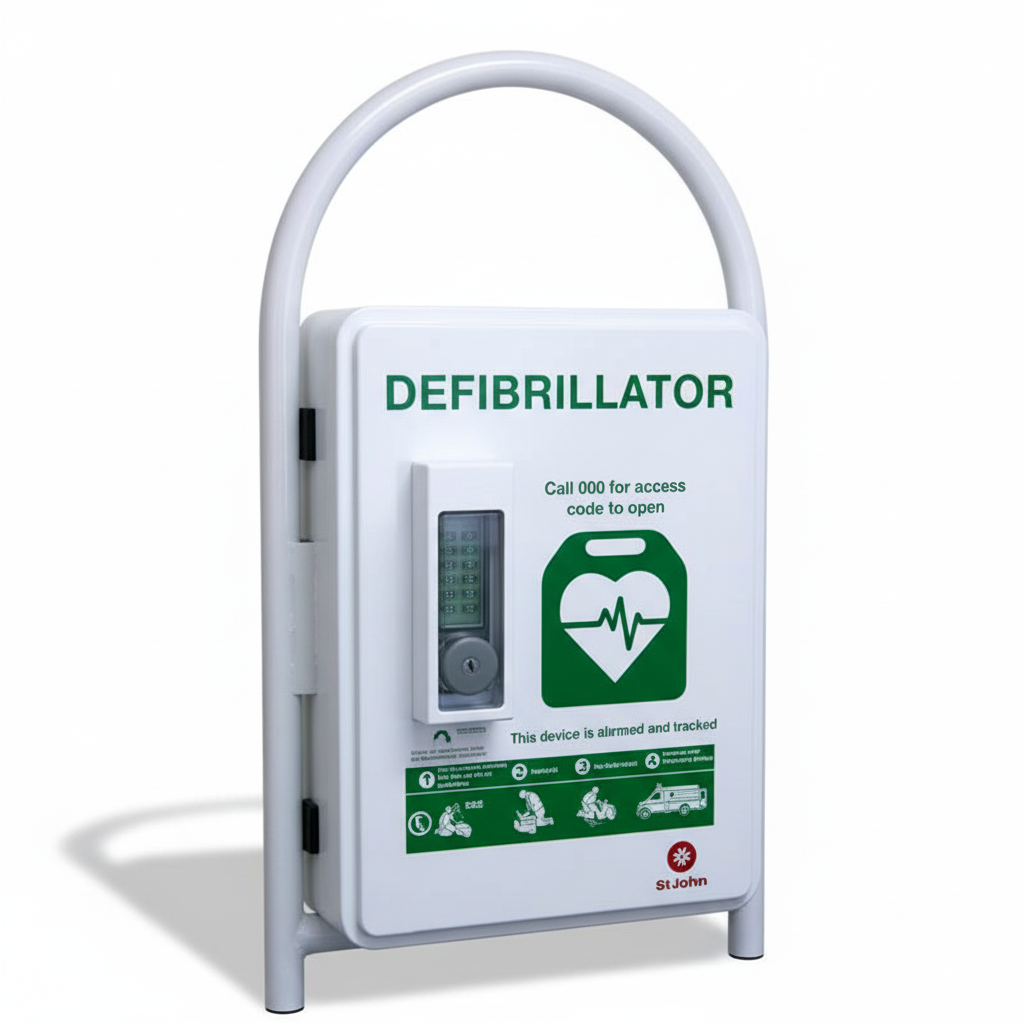 Defibrillator Arch Stand outdoor cabinet with weather-resistant design for secure AED storage and easy access in emergencies