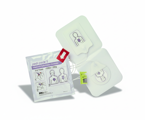 ZOLL Pedi-padz II (Paediatric) Pads - 1 Pair shown with packaging and electrode pads for paediatric defibrillators.