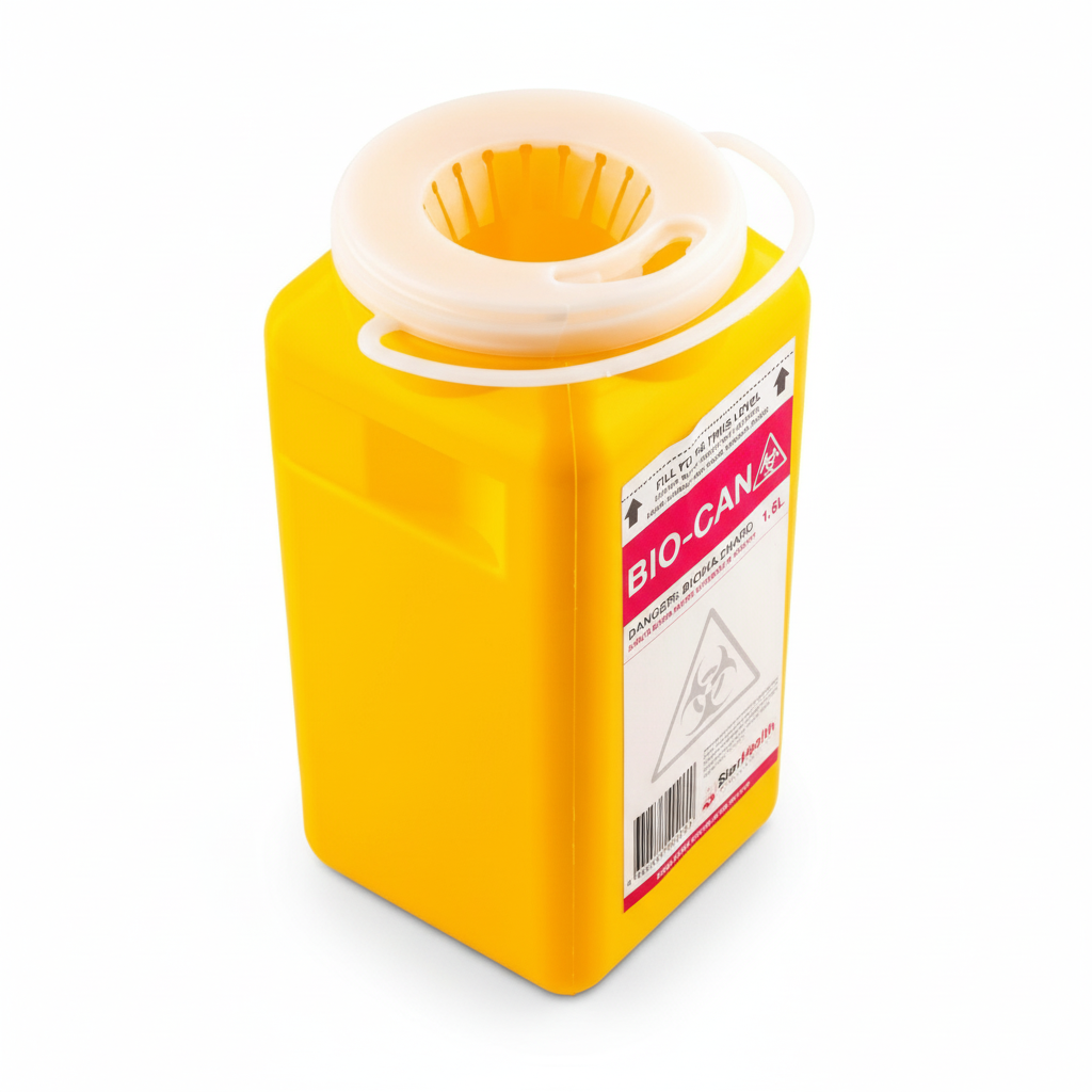 Yellow clinical sharps container with finger guard for safe disposal, labeled Sharps Container (1.4L) - White Lid.