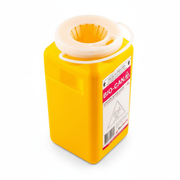 Yellow clinical sharps container with finger guard for safe disposal, labeled Sharps Container (1.4L) - White Lid.