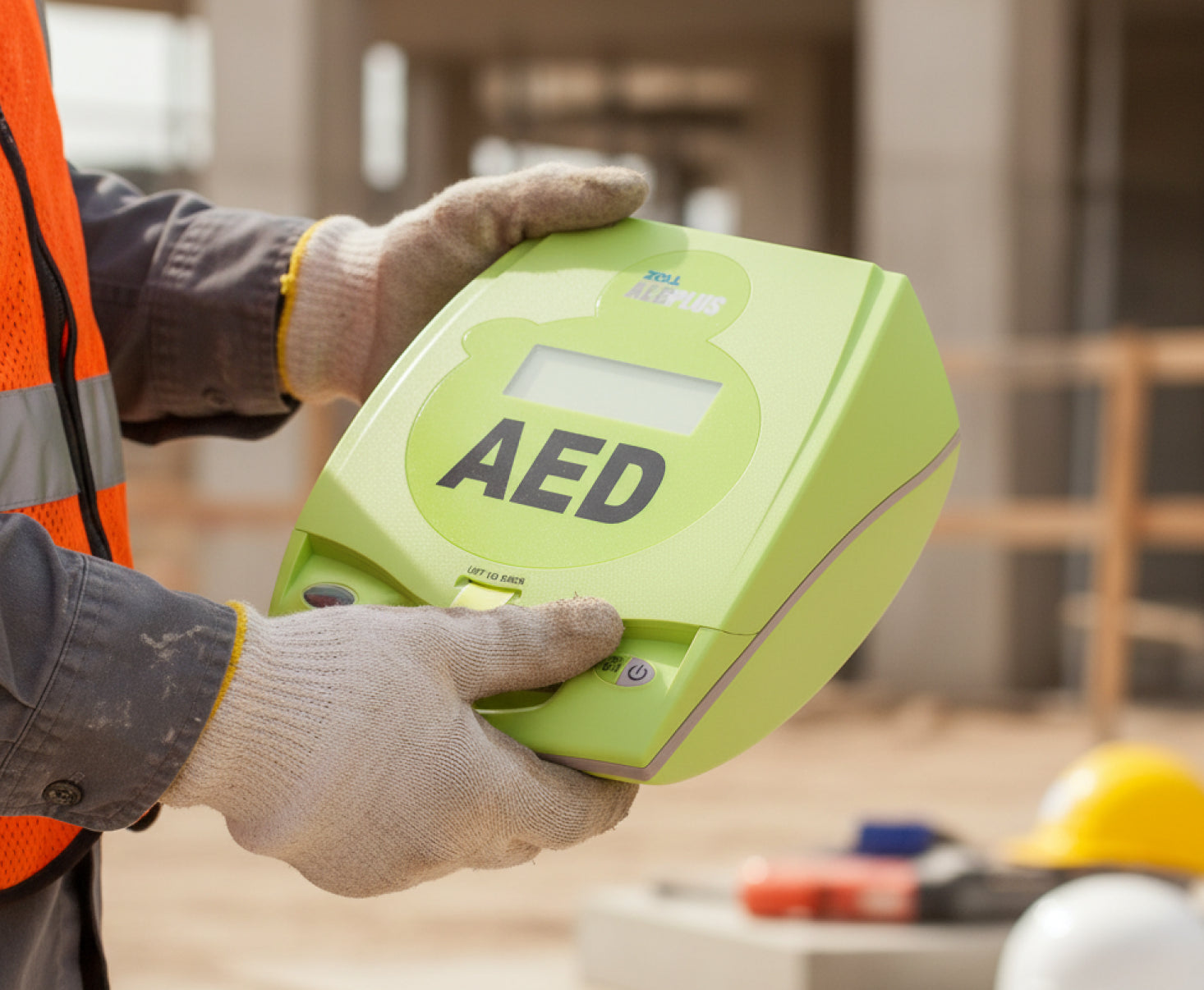 Person holding a ZOLL AED Plus defibrillator with Real CPR Help technology on a construction site