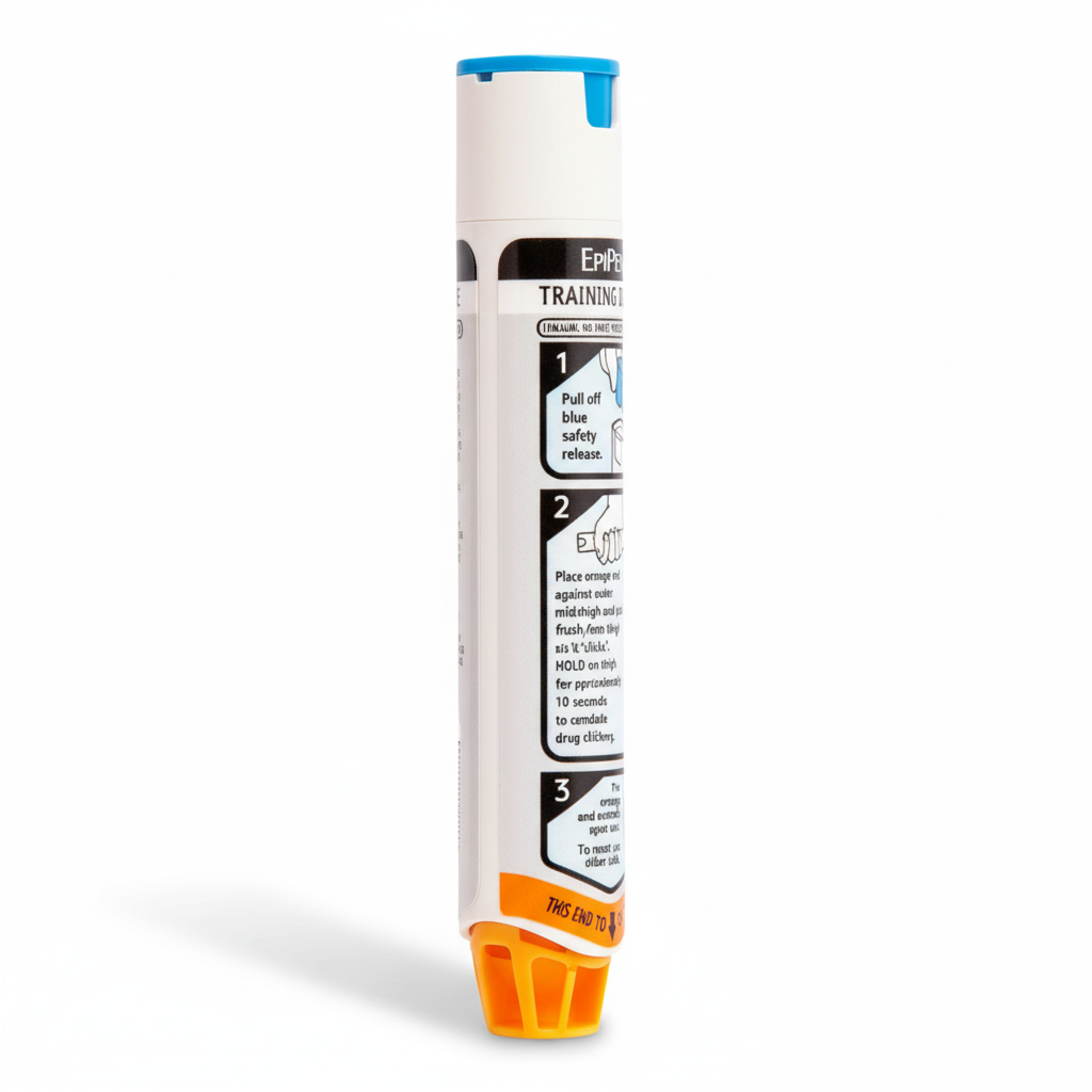 Epipen Adrenaline Auto Injector (Training Device) showing instructional labels for safe practice and first aid training use only