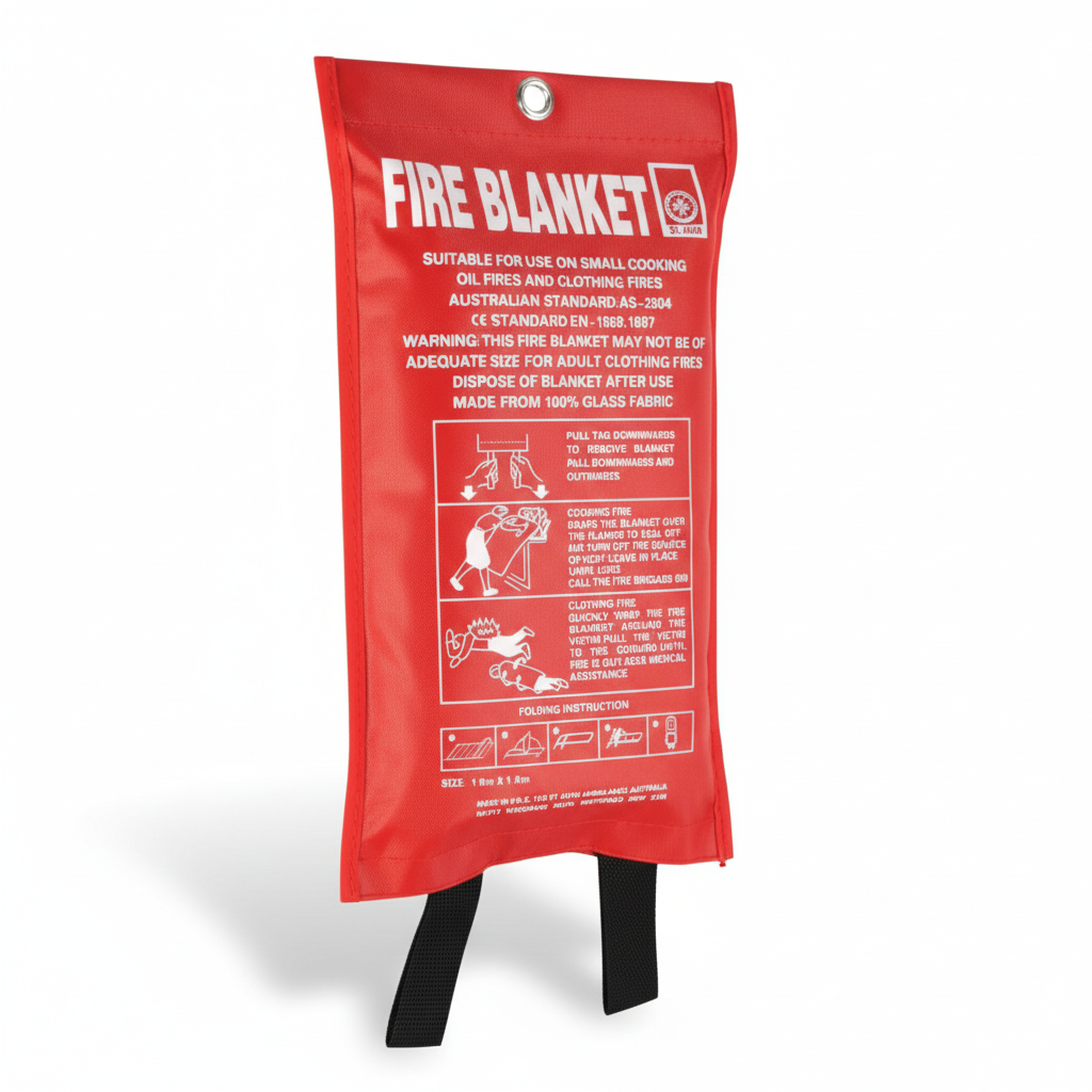 Fire Blanket - Single in red pouch with safety instructions, designed for quick use on small fires at home or office.