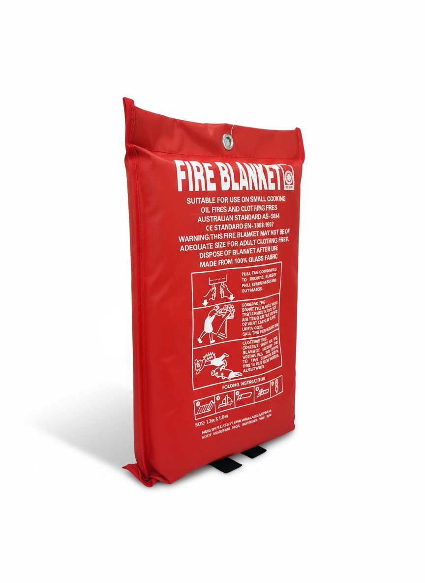 Fire Blanket - Single in red pouch designed for quick use to extinguish small fires in home, office, or vehicle emergencies.