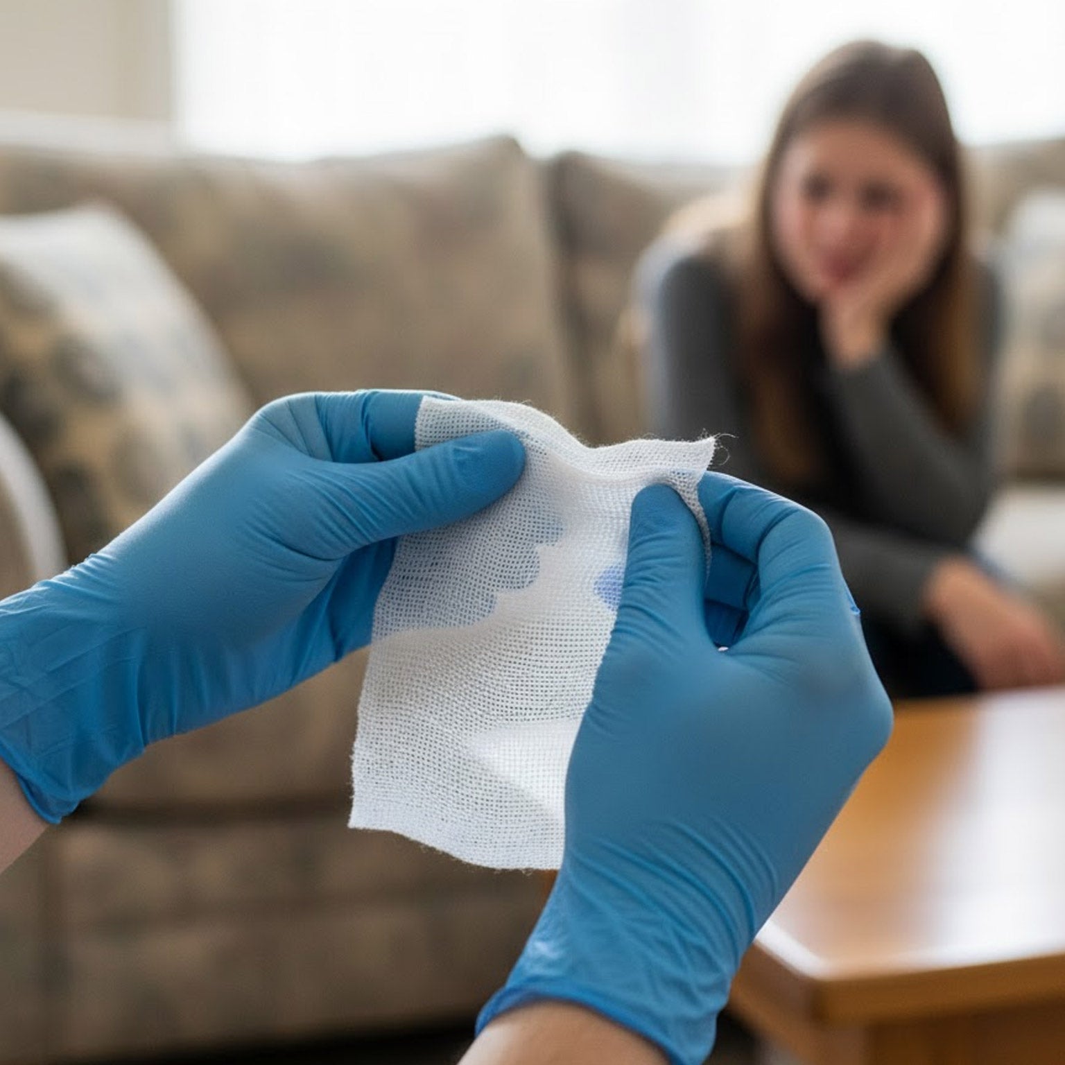 Hands wearing Nitrile Gloves holding gauze, demonstrating protective care in a home first aid setting