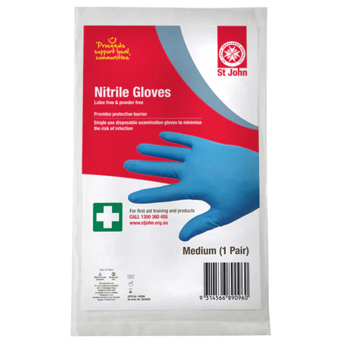 Package of St John WA Nitrile Gloves medium size providing protective barrier for first aid and care use