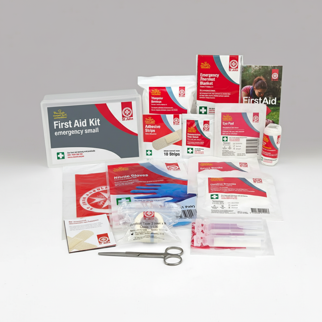 Small Emergency First Aid Kit by St John WA with essential first aid supplies including gloves, scissors, and adhesive strips.