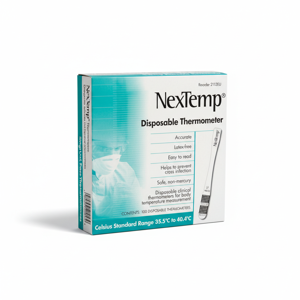 NexTemp Disposable Thermometers Sealed Strips package showing hygienic, single-use, accurate clinical thermometers for infection prevention.