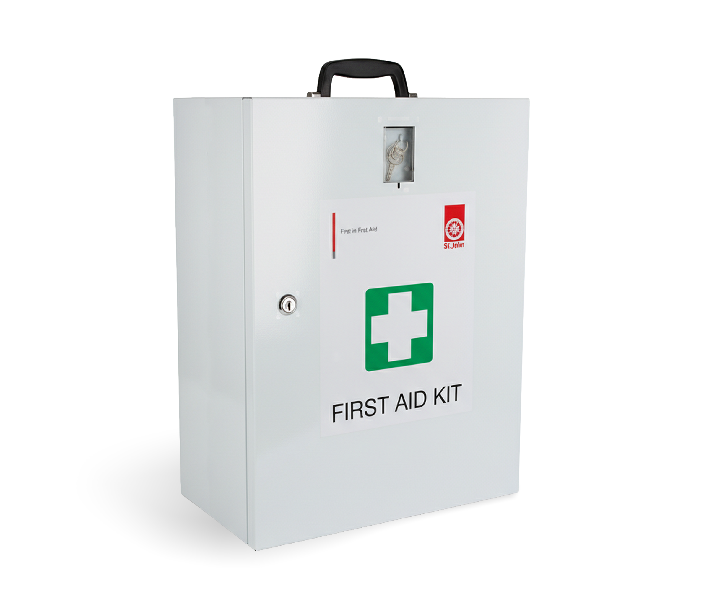 White first aid kit box with a green cross symbol on a white background