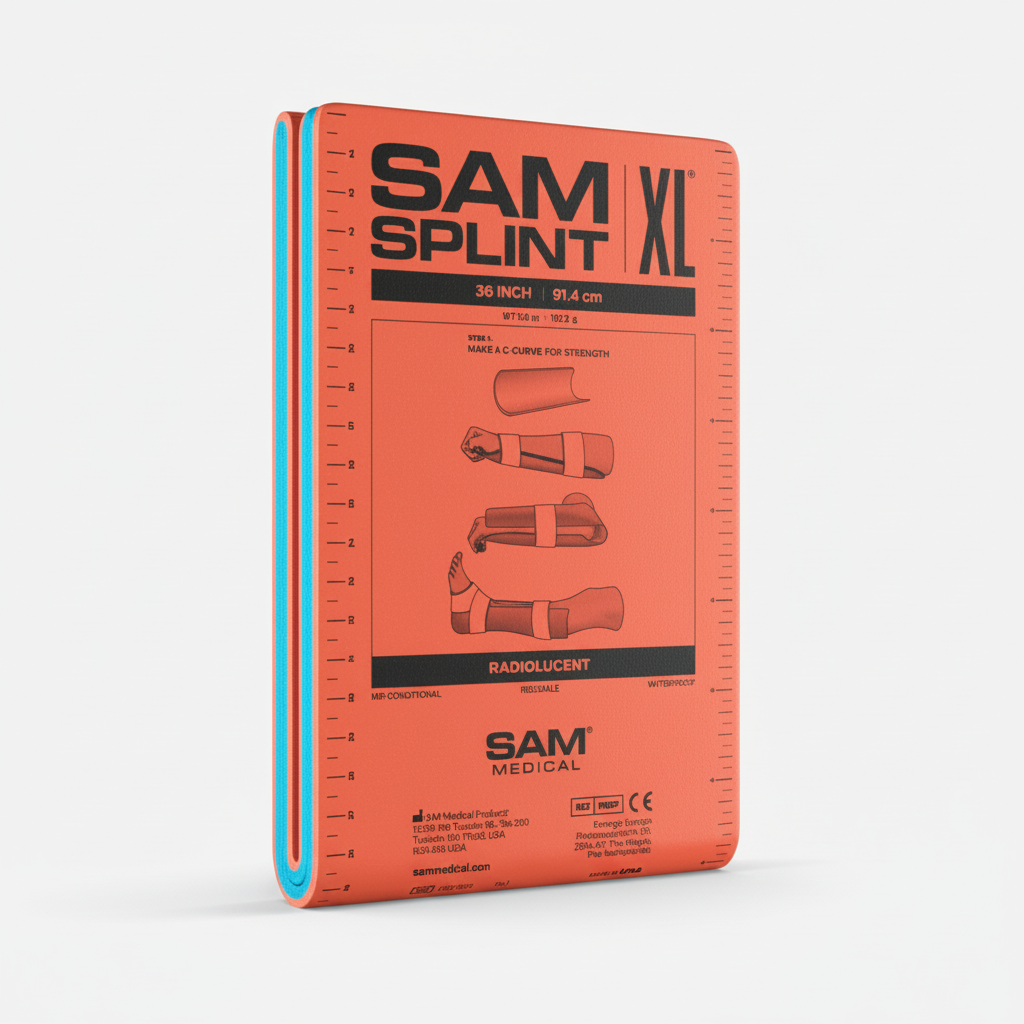Sam Splint (Original) bandage in bright orange showing folding instructions for first aid splinting and immobilization