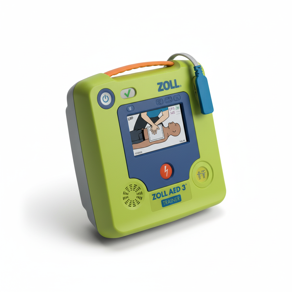Zoll AED 3 Defib (Training Unit) device in green with screen showing CPR training animation for first aid practice