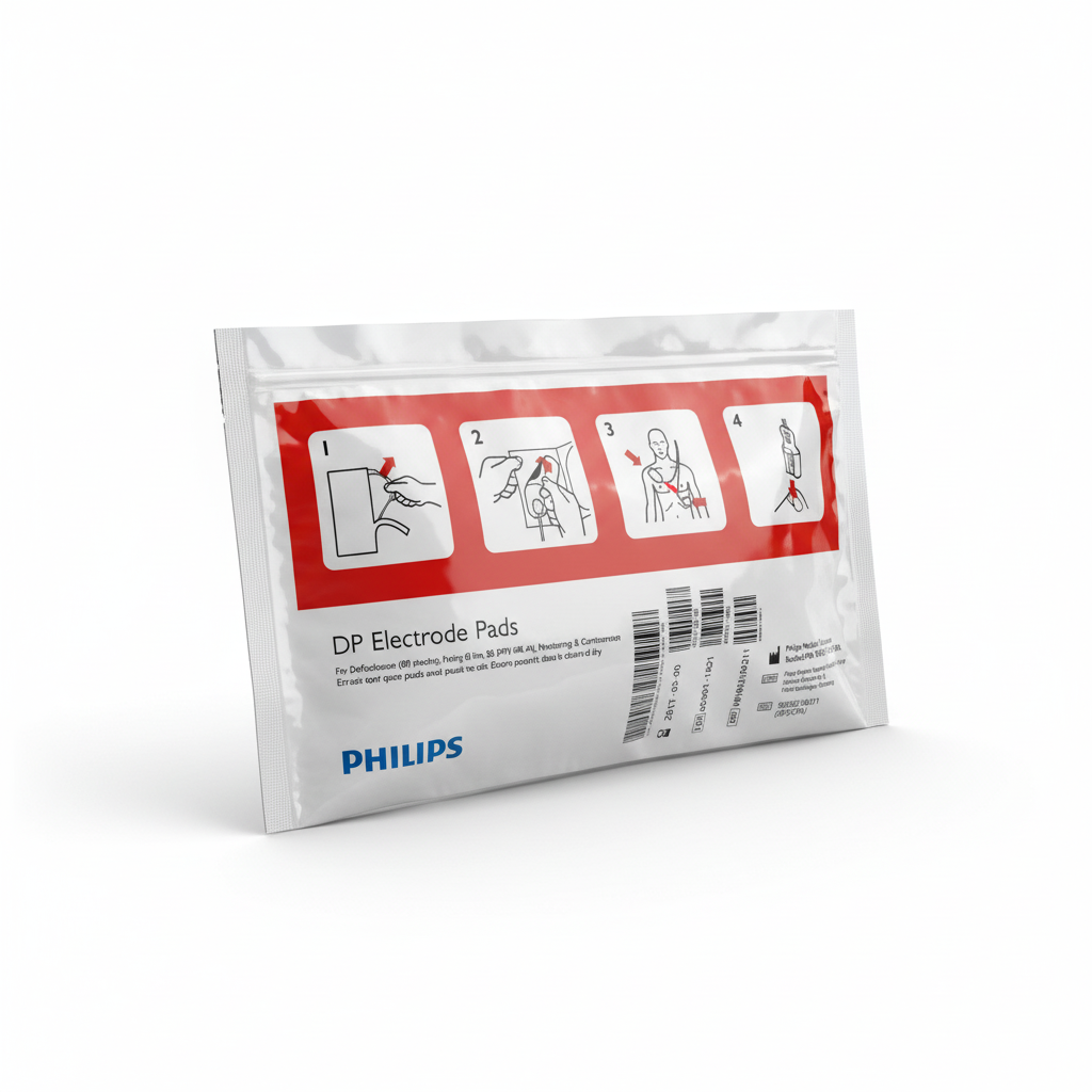 Philips FR2 Adult Defibrillator Pads - 1 Pair package showing electrode pad instructions for use with defibrillators.